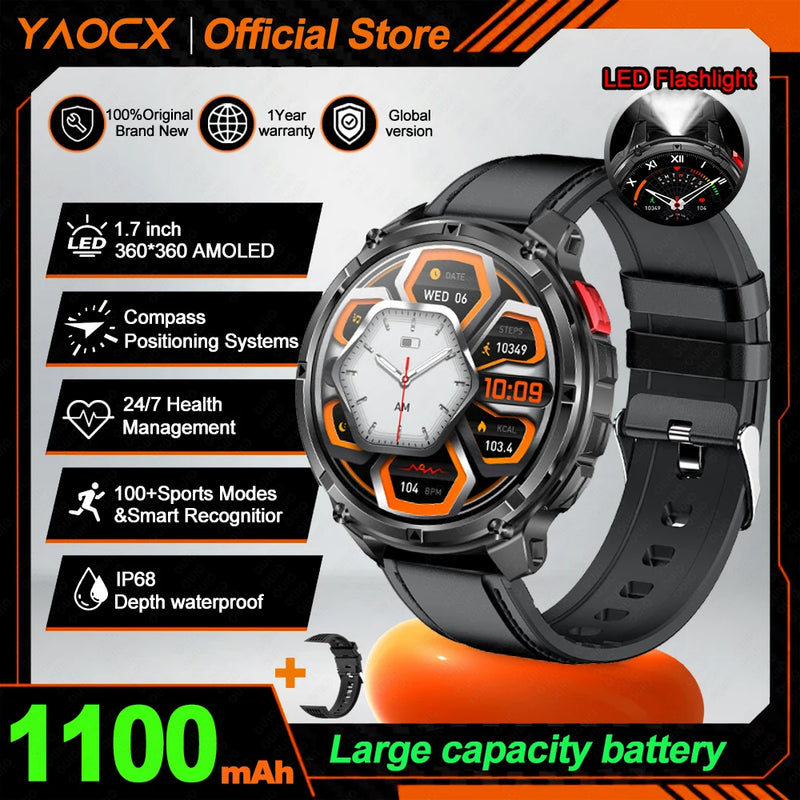NEW 1100mAh Battery Sports Smart Watch Compass IP68 Waterproof Outdoor Flashlight Voice Assistant Heart Rate BT Call Smart Watch