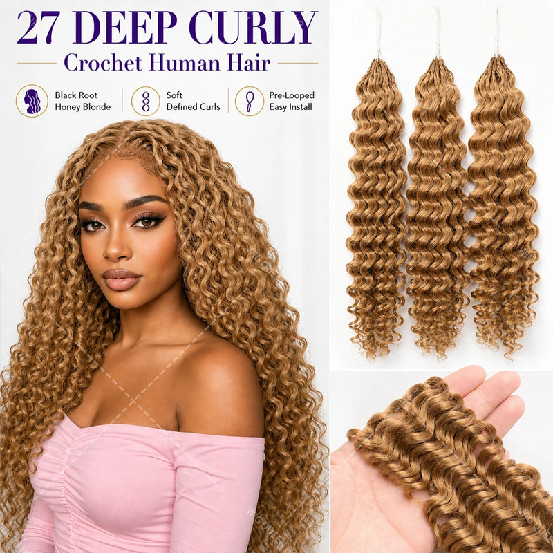 Brown Deep Wave Crochet Human Hair Extensions Miracle Knots Feather Soft Braiding Hair for Black Women Pre Looped Lightweight Reusable Hair with Natural Shine Full Volume for Boho Braids and Protective Styles