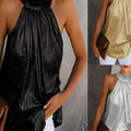 Women Gold Blouse 2025 New Fashion High Neck Sleeveless Hatler Tank Top Vest Summer Casual Loose Blouse Shirt Tee