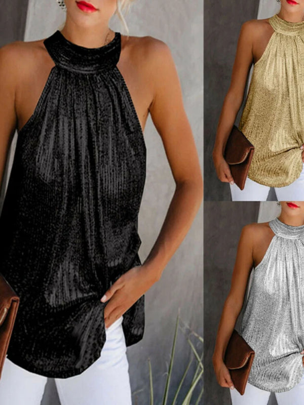 Women Gold Blouse 2025 New Fashion High Neck Sleeveless Hatler Tank Top Vest Summer Casual Loose Blouse Shirt Tee