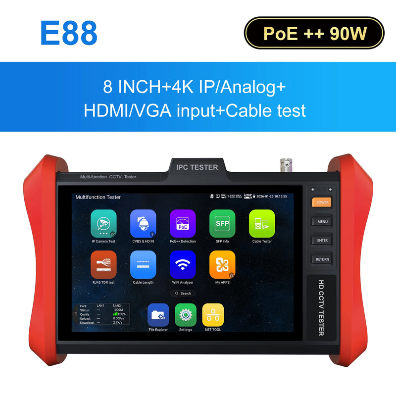 WANGLU 8 inch Monitor POE++ 90W SFP 4K H.265 IP 8MP AHD/TVI/CVI CCTV Camera Testing Tool HDMI VGA input Cable Tester E88/E89/E90