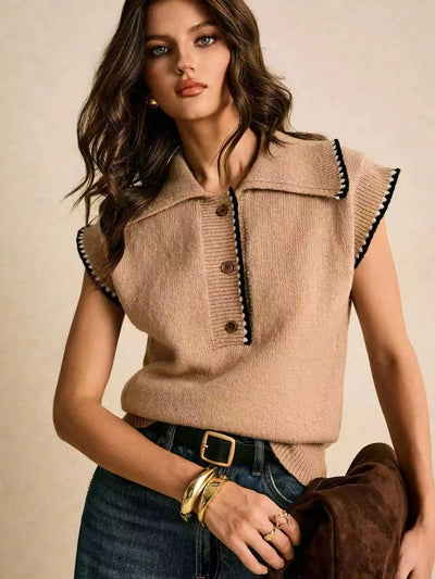 Vintage Contrast Trim Sleeveless Knit Vest Women Lapel | SAMAG
