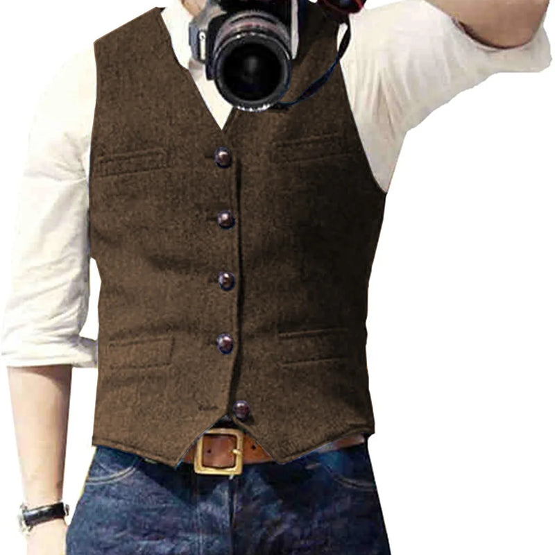 V Neck Men's Suits Vest Casual Classic Formal Business Herringbone Tweed Slim Fit Waistcoat For Wedding Groomsmen