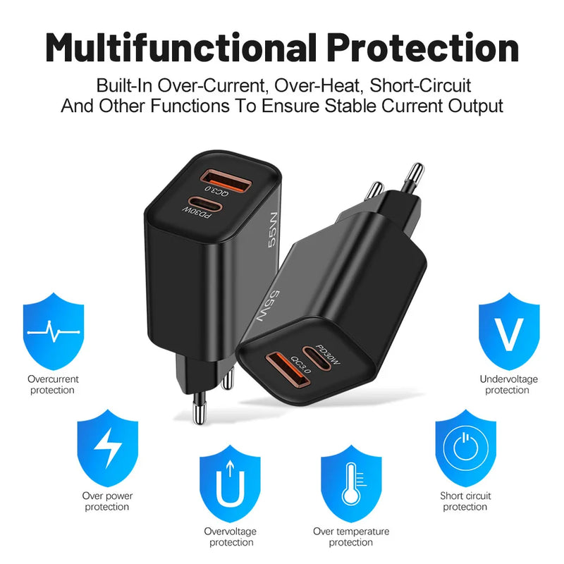 55W PD Fast USB Charge Charger 2 Ports EU US Plug Wall Charger Adapter For iPhone Xiaomi Huawei Samsung USB C Phone Charger