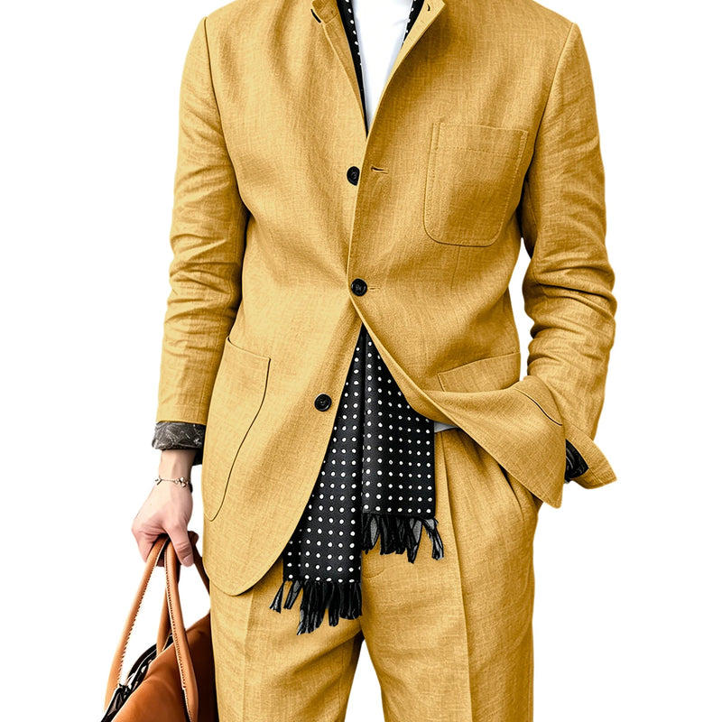 Men's Linen Blend 2 Piece Suit Set Stand Collar Breathable Casual Blazer Pants For Business Daily Wear