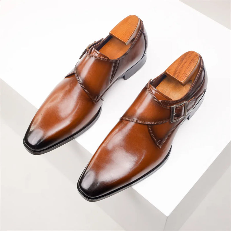 Classic Retro Dress Men Monk Leather Shoes with Pointed Toe Buckle Business Shoes Office Wedding Comfortable Men Oxfords Shoes