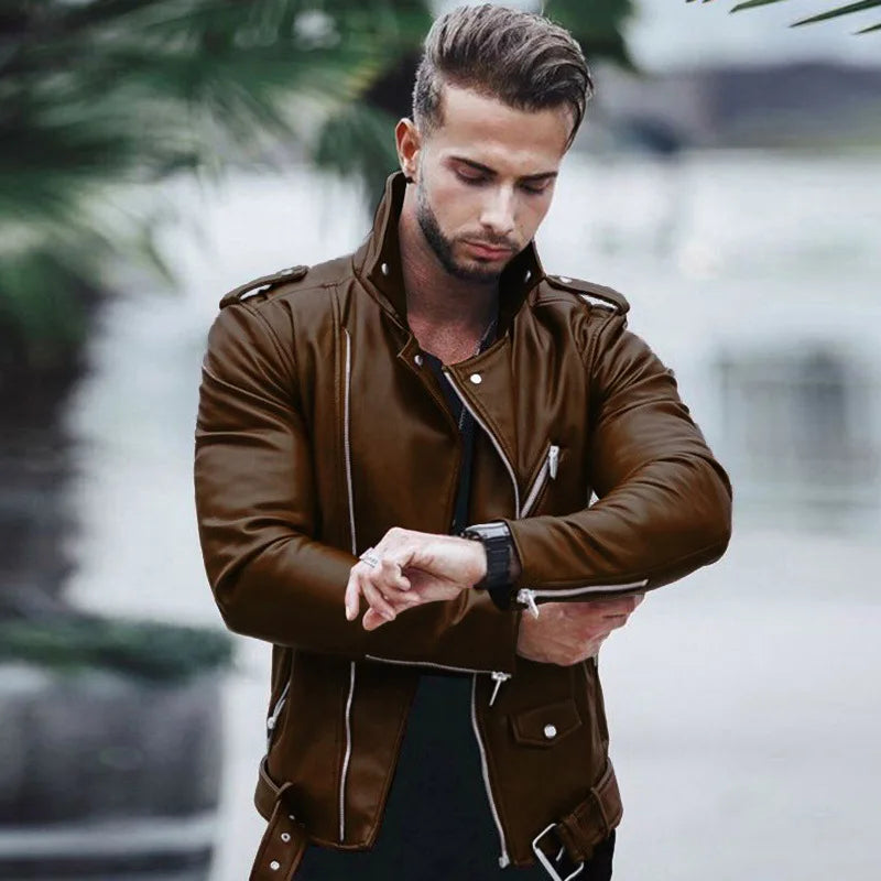 New Brown Autumn And Winter Fashion Leather Jacket Men's Plus Size Zipper Locomotive Leather Jacket Jacket