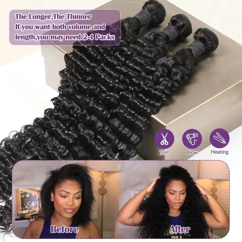 30 40 Inches Deep Wave 100%  Human Hair Bundles Remy Hair Extensions Unprocessed 1 3 4 Bundle Curly Natural Color Brazilian Hair