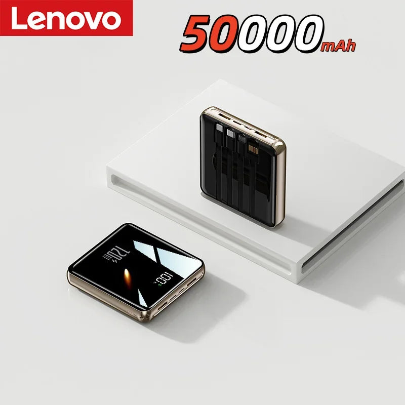 Lenovo New 500000mAh Mini Power Bank Built-in 4 Cables Large Capacity Super Fast Charging External Battery for IPhone Samsung