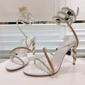 Glitter Crystal Decor High Thin Heels Sandals Women Shiny Snake Shaped Elastic Strap Design Sandalias Summer Party Dress Shoes