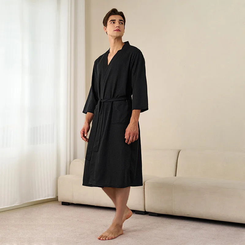 Men's and Women's Universal Waffle Seven-Sleeve Lightweight Long Bathrobe for Hotels, Soft and Breathable, Couple's Homewear