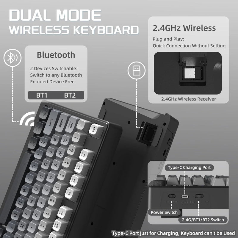 M96 Wireless Gaming Keyboard Creamy Membrane with Rainbow Backlight,Media Knob,LCD Screen,Dual Mode-Bluetooth/2.4Ghz,Ball Shape
