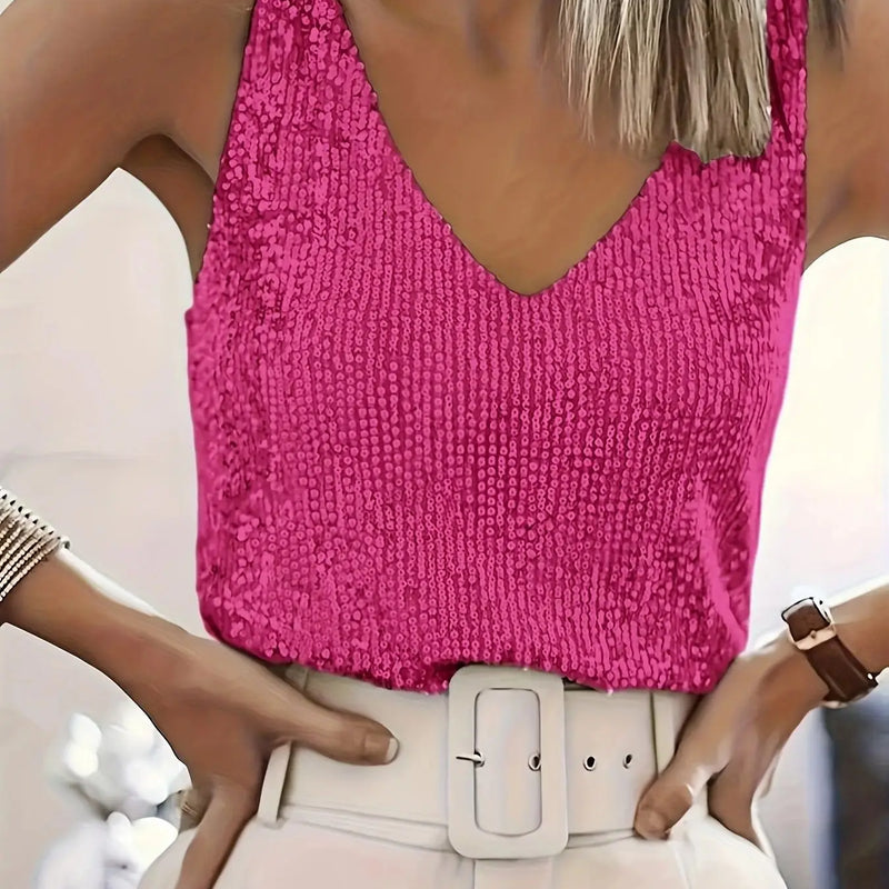 Women Sequin V Neck Tank Top Sleeveless Sparkly Camisole - View 6 | SAMAG