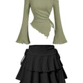 New Fashion Women's Half Skirt Summer Casual Elastic High Waist Slim Skirt Long Sleeve Slant Shoulder Sexy T-shirt Top 2-Piece