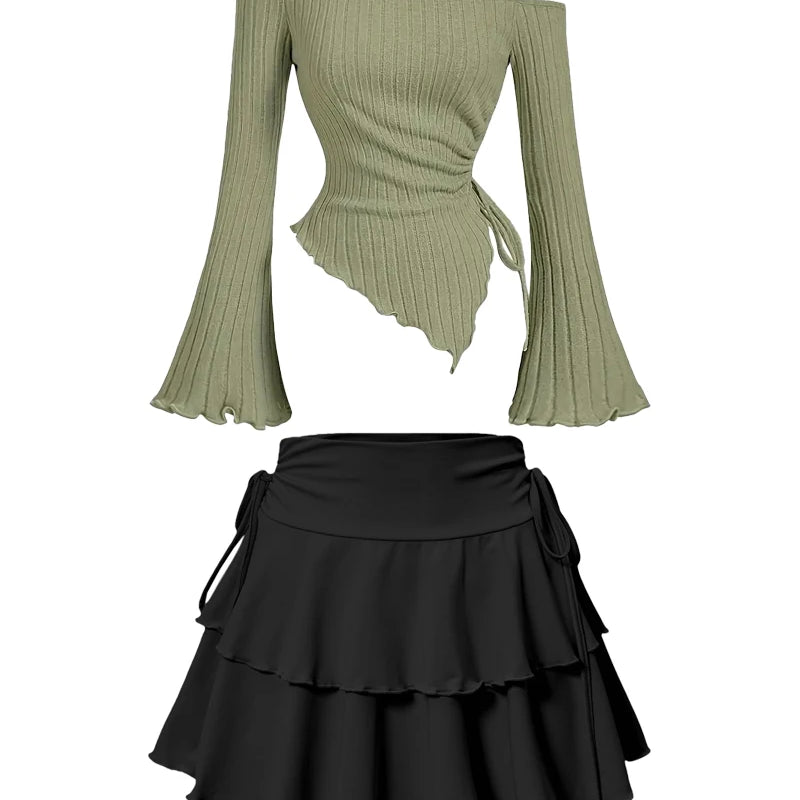 New Fashion Women's Half Skirt Summer Casual Elastic High Waist Slim Skirt Long Sleeve Slant Shoulder Sexy T-shirt Top 2-Piece