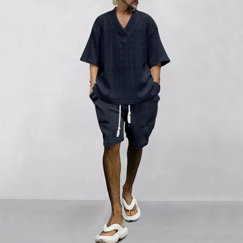 Men's Summer V-neck Jacquard Short Sleeve & Set Textured | SAMAG