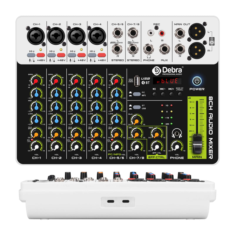 Debra Audio Mixer DJ Console V8 8 Channel 48V Phantom Power USB DJ Console With Sound Card  For PC Recording Singing