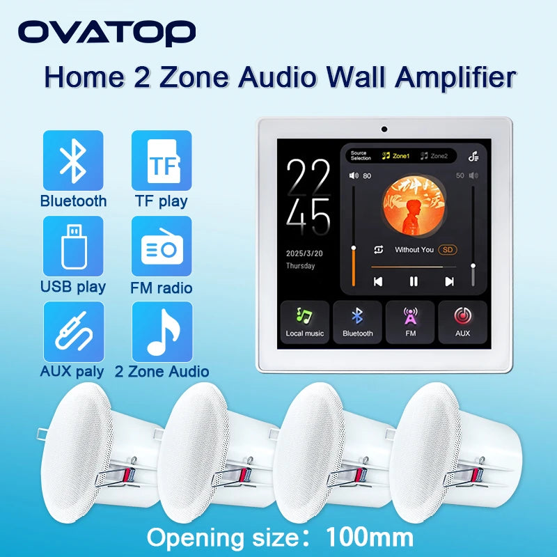 Home Bluetooths Wall Amplifier 2 Zone Audio Background Music Host Control System Mini Touch Screen Ceiling Speakers Sound Panel