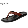 Men'S Genuine Leather Slip-On Flat Flip Flops Classic Round Toe Slip-On Soft Bottom Clip Toe Male Slide Sandals Summer Leisure P