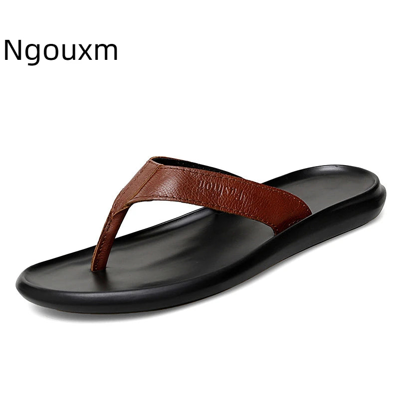 Men'S Genuine Leather Slip-On Flat Flip Flops Classic Round Toe Slip-On Soft Bottom Clip Toe Male Slide Sandals Summer Leisure P