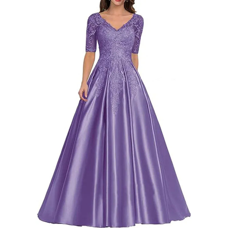 A Line Women Evening Dresses Satin Appliques V Neck Prom | SAMAG