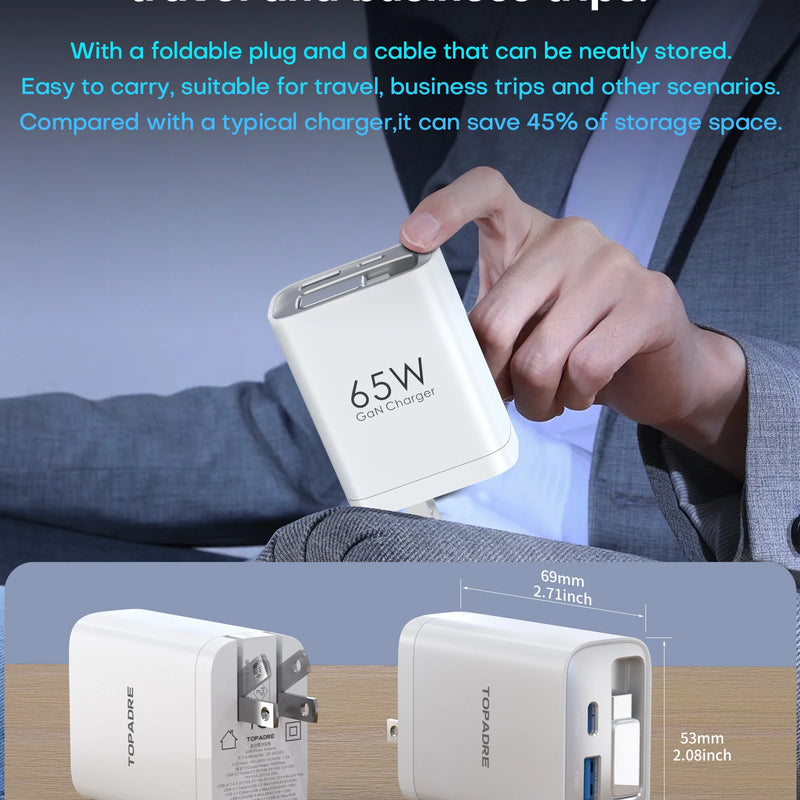 65W GaN Wall Charger with Retractable USB-C Cable, Dual-Port PD 3.0 & QC 4+ / 4.0 Fast Charging for iPhone, Galaxy, Pixel, iPad, Tablets, Nintendo Switch, AirPods