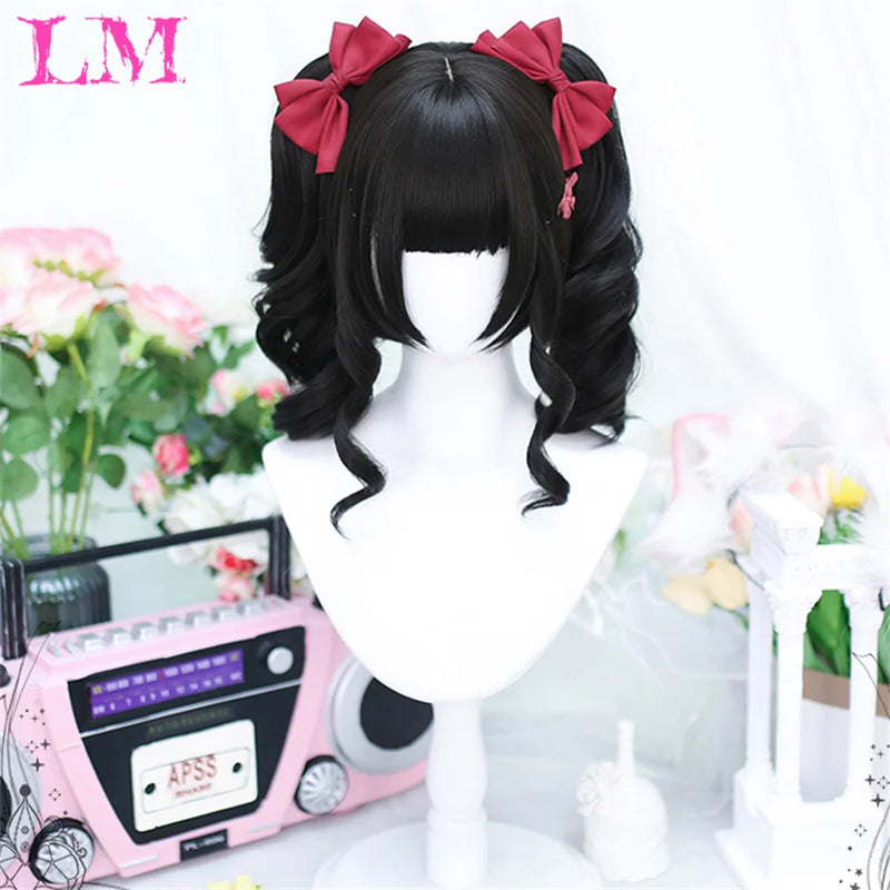 LM Medium Length Pink Cosplay Wig Heat Resistant Costume Party Synthetic Wigs 2 Clip On Ponytail 7 Colors