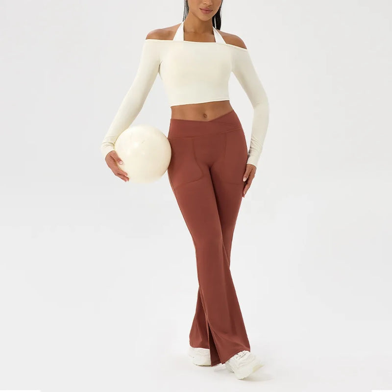 Long Sleeve Yoga T-Shirt for Women, Off Shoulder, Sexy Tight Gym Workout Top, Naked Feeling, Quick Dry Sports Activewear