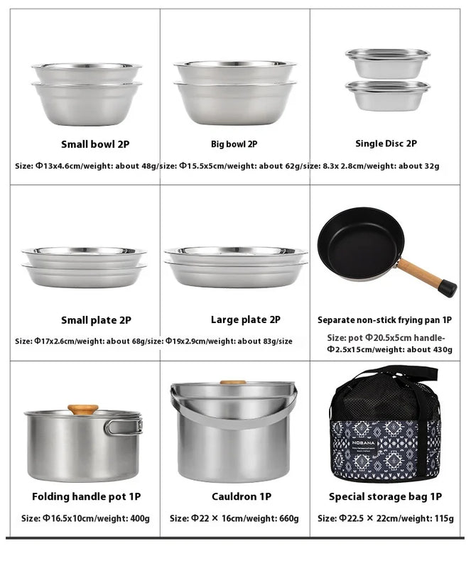 CLS&NOBANA Newset Outdoor Camping Stainless Steel 14PCS 22PCS Triple Stencorpel Set Camping Dinware Bowl Pot Set Household Pot