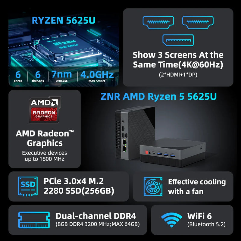 Texhoo MINI PC AMD Ryzen5 5625U 7530U R7-5800H DDR4 16G 2666MHz 512G SSD Pcle3.0 WIFI6 BT5.2 4.3GHz Desktop Computer Office PC