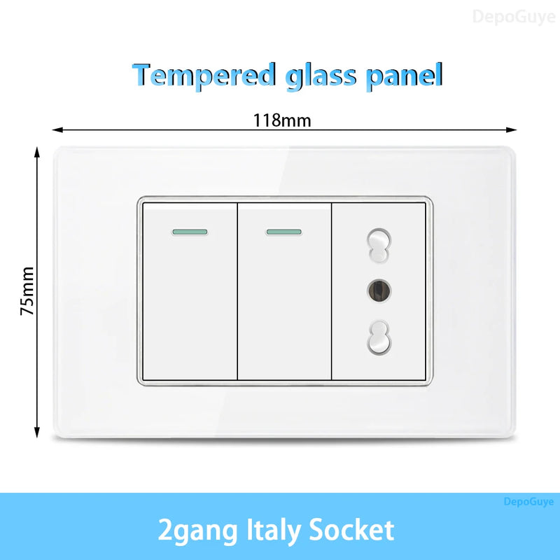 White Tempered Glass Italy USB Type C Smart Fast Charging Wall Socket Plugs Schuko Light Switch Panel Chile TV Sat Computer CAT6