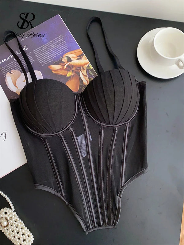 SINGREINY Fashion Solid Corset Lingerie Top Ladies Strap Sheer Mesh Slim Camisole American Retro Backless Beach Sexy Tank Top