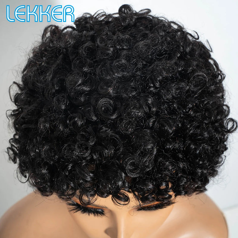 Lekker Black Short Pixie Cut Curly Bob 100% Human Hair Wigs For Women Brazilian Remy Hair Full Machine Made Glueless Daily Wigs