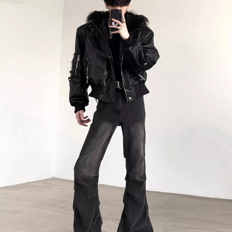 Mauroicardi Spring Autumn Cool Short Oversized Black Warm Pu Leather Jacket Men with Faux Fur Trim Hood Luxury Designer Clothes