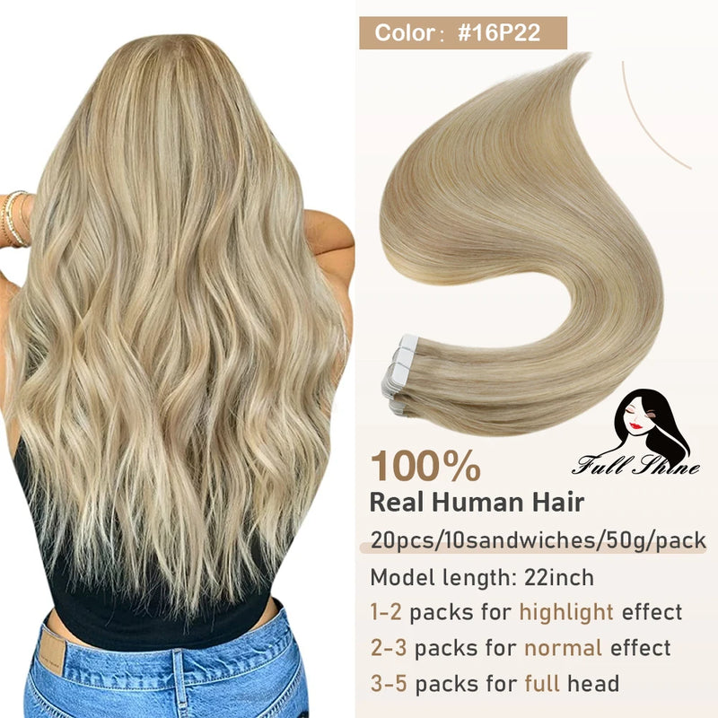 Full Shine Tape In Hair Extensions Human Hair 100% Remy Natural Human Hair Seamless Skin Weft Seamless Color Glue For Women