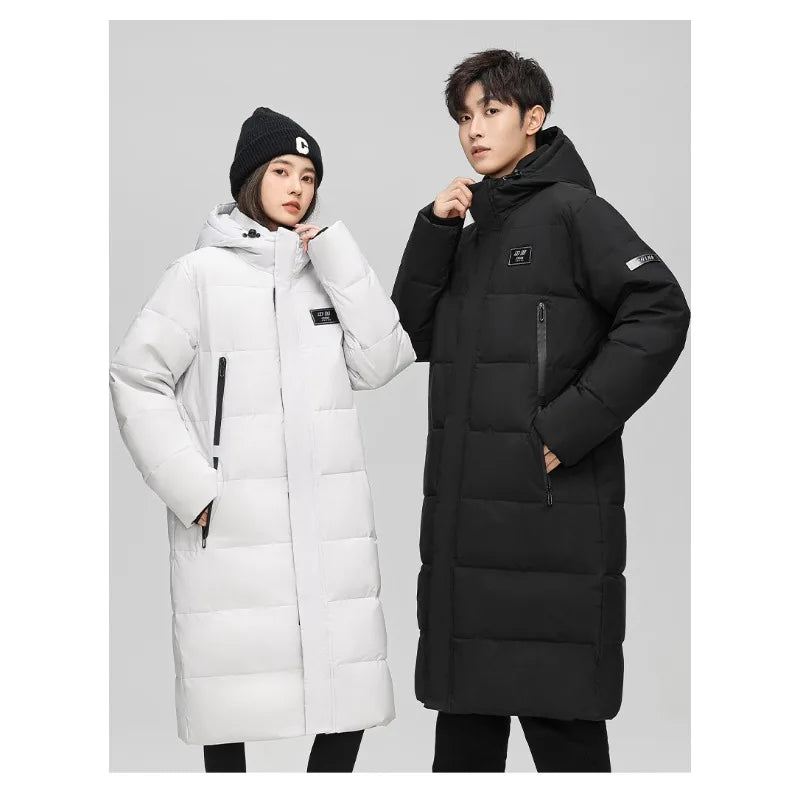 Fashionable White Duck Down Jackets Suitable Both Men  Women in Winter Long Knee-length Cotton-padded Jackets with Thick Hooded