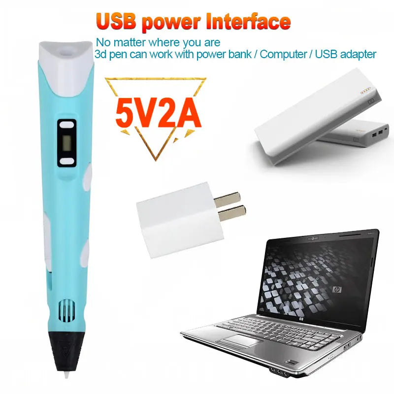 Kids 3D Printing Pen Adjustable Speed LED Display DIY Drawing Pens 3D PLA Filament Christmas Birthday gift for Boys and Girls