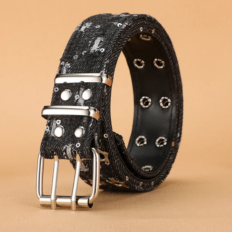 New Fashion Luxury Belt Black Punk Accessories Blue Denim Girdle HipHop Y2k Star Hollowed Pin Buckle Waistband，For Men Women