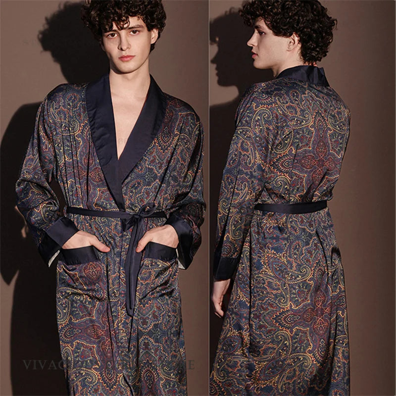New Men's 3PCS Robe Sets Pajama Ice Silk Rayon Kimono Gown Bathrobe Loungewear Loose Print Home Clothes Nightwear Male Sleepwear