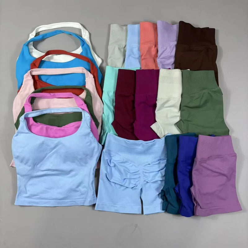 1-2pcs Gym Set Women Backless Tank Tops High Waist Scrunch Seamless Shorts High Waist Yoga Leggings Workout Sets Gym Suit