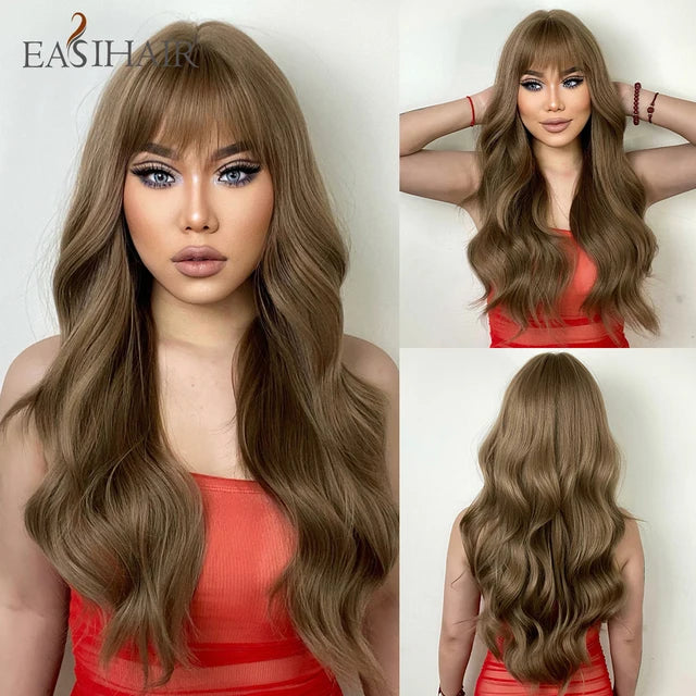 Long Blonde Ombre Brown Synthetic Wigs Water Wavy Platinum Wigs with Bang Hair Wig for Women Daily Cosplay Party Heat Resistant