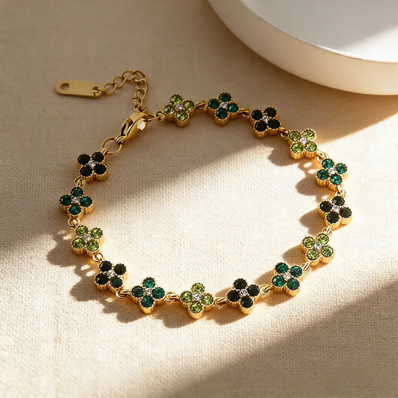 Stainless Steel Colorful Cubic Zirconia Flower Cover Bracelet Adjustable Four - Leaf Clover CZ Stone - Visuel 13 | SAMAG