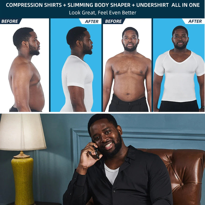 Men's Body Shaper Compression Tank Tops V-Neck Short Sleeved Slimming Undershirt Workout Abs Abdomen Tummy Control Shapewear