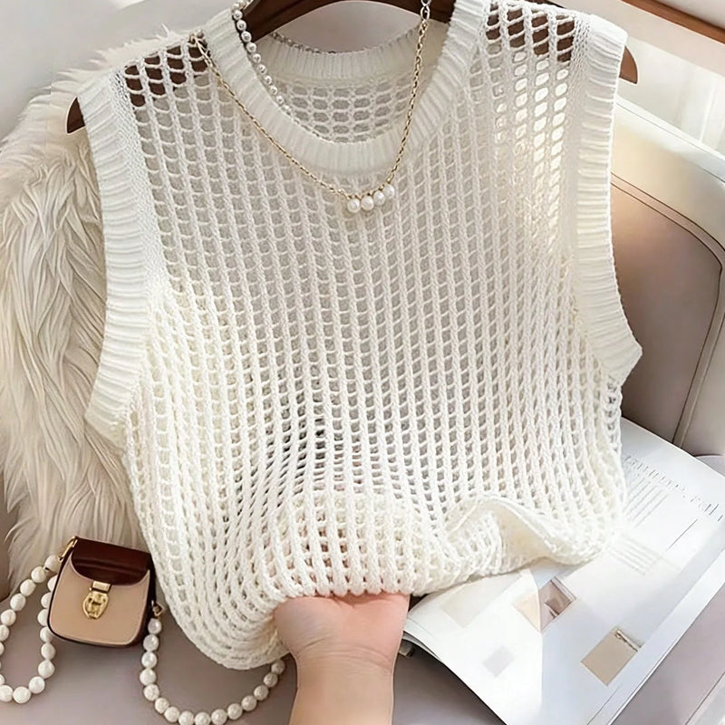 Women's White Hollow Out Knit Vest, Crew Neck Sleeveless - View 2 | SAMAG