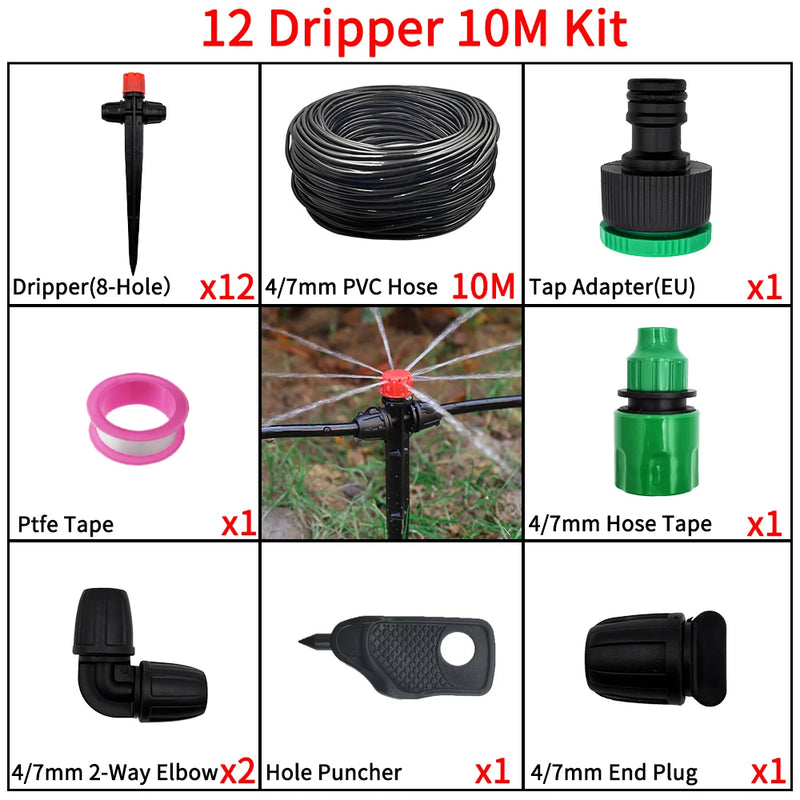 Garden Drip Irrigation 1/ 4'' Spiked Sprinkler Automatic Watering System Kit for Bonsai Pot Plant Flower Vegetable Greenhouse