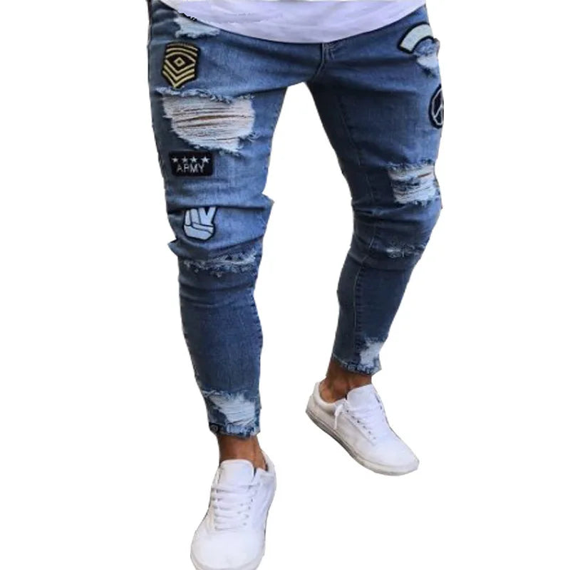 New White Embroidery Jeans Men Cotton Stretchy Ripped | SAMAG