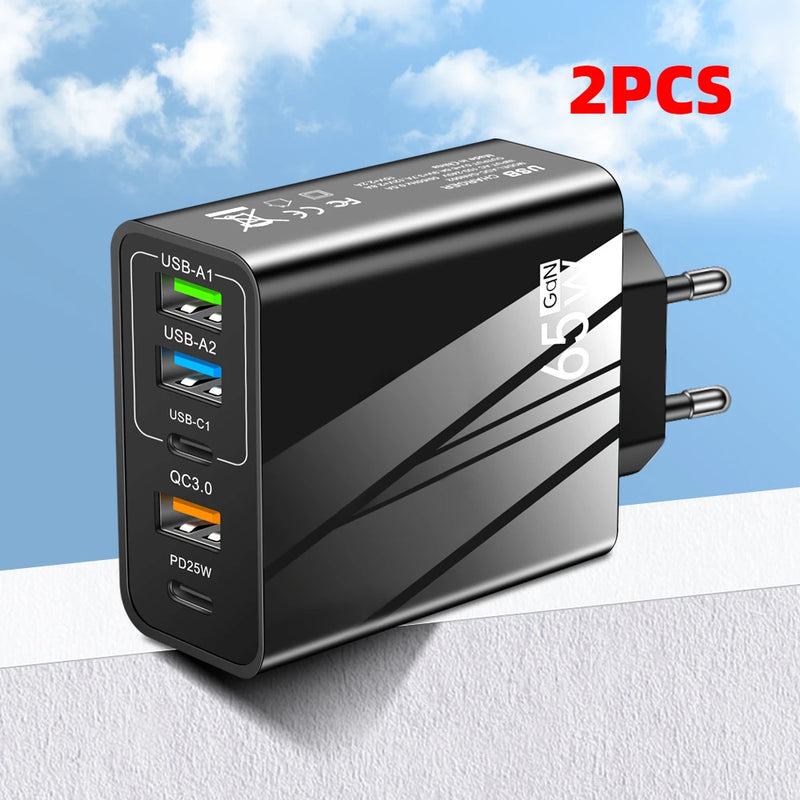 5 Ports 65W USB Type C Fast Charging Charger QC 3.0 Phone Adapter  For iPhone 15 Huawei Xiaomi Samsung EU/US Plug Wall Charger