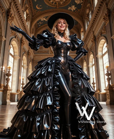 Black Victorian Ball Gown V-Neck Shiny Puff Sleeves Stage | SAMAG
