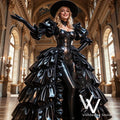 Black Victorian Ball Gown V-Neck Shiny Puff Sleeves Stage Dress Special Occasion With Train Vintage Evening Dress Customized