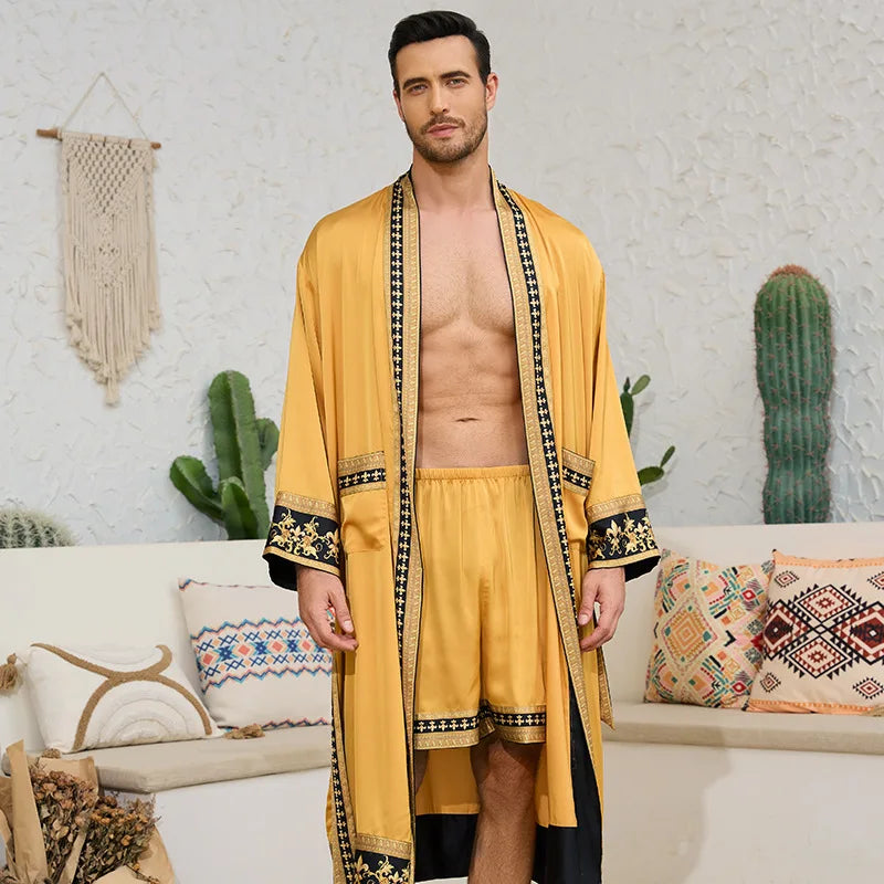 Men's Long Robe Pajamas Set Baroque Style Bathrobe Kimono Shorts Pijamas Spring Summer Sleepwear Home Clothes Satin Loungewear